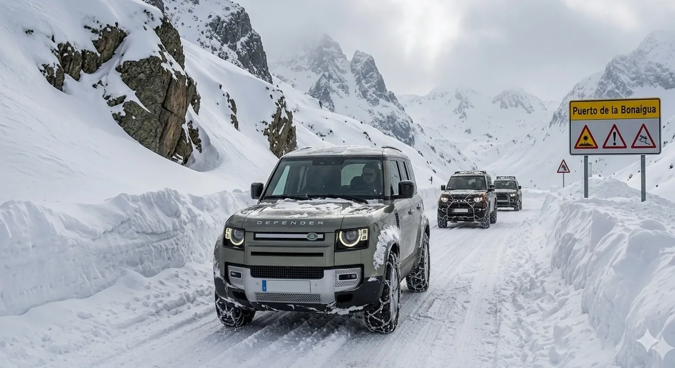 Coche con cadenas subiendo al Puerto de la Bonaigua en invierno — acceso a Baqueira Beret desde Cataluña